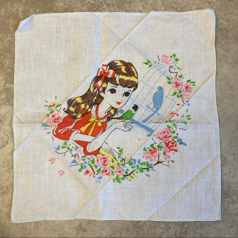 Vintage girl and birds hanker chief / scarf